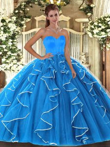 Baby Blue Lace Up 15th Birthday Dress Beading and Ruffles Sleeveless Floor Length
