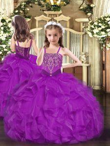 Customized Ball Gowns Little Girl Pageant Gowns Fuchsia Straps Organza Sleeveless Floor Length Lace Up
