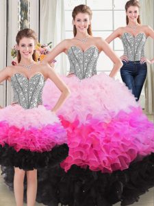 Stunning Multi-color Three Pieces Beading and Ruffles Quinceanera Dresses Lace Up Organza Sleeveless Floor Length