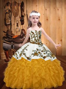 Amazing Gold Sleeveless Organza Lace Up Little Girls Pageant Dress Wholesale for Party and Sweet 16 and Quinceanera and Wedding Party