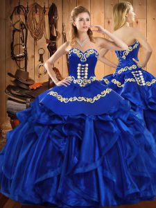 Classical Royal Blue Sweetheart Lace Up Embroidery and Ruffles 15 Quinceanera Dress Sleeveless