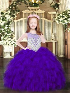 Purple Organza Zipper Pageant Dress Sleeveless Floor Length Beading and Ruffles