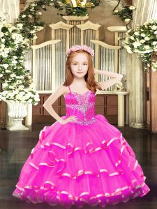Hot Pink Sleeveless Beading and Ruffled Layers Floor Length Glitz Pageant Dress