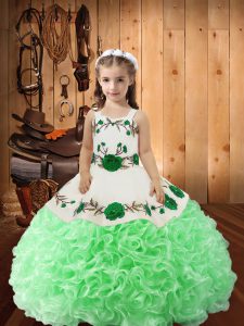 Green Fabric With Rolling Flowers Lace Up Little Girls Pageant Gowns Sleeveless Floor Length Embroidery and Ruffles