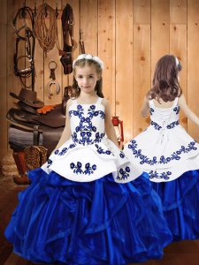 Super Floor Length Royal Blue Little Girl Pageant Dress Straps Sleeveless Lace Up