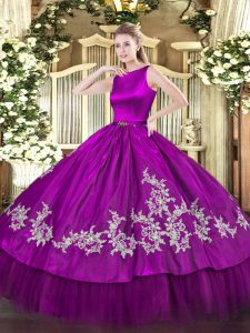 Sleeveless Satin and Tulle Floor Length Clasp Handle Sweet 16 Quinceanera Dress in Fuchsia with Embroidery