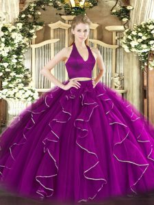 Elegant Purple Two Pieces Organza Halter Top Sleeveless Ruffles Floor Length Zipper Quinceanera Dress