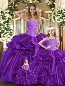 Purple Sleeveless Floor Length Beading and Ruffles Lace Up 15th Birthday Dress