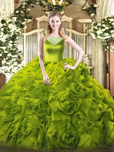 Discount Olive Green Scoop Neckline Beading Quince Ball Gowns Sleeveless Side Zipper