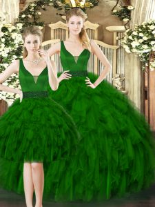 Fabulous Beading and Ruffles Sweet 16 Dress Dark Green Lace Up Sleeveless Floor Length