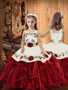 Latest Wine Red Little Girls Pageant Dress Sweet 16 and Quinceanera with Embroidery and Ruffles Straps Sleeveless Lace Up