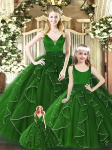 Elegant Ball Gowns Sweet 16 Dresses Green V-neck Organza Sleeveless Floor Length Zipper