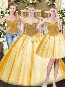 Dynamic Gold Lace Up Sweetheart Beading and Appliques Quince Ball Gowns Tulle Sleeveless