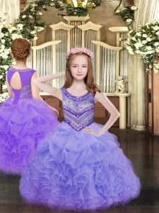 Lavender Lace Up Scoop Beading and Ruffles and Pick Ups Little Girl Pageant Dress Organza Sleeveless