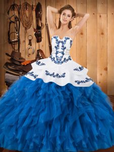 Blue And White Sleeveless Satin and Organza Lace Up 15 Quinceanera Dress for Military Ball and Sweet 16 and Quinceanera
