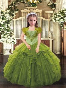 Sleeveless Organza Floor Length Lace Up Pageant Dress for Womens in Olive Green with Beading and Ruffles