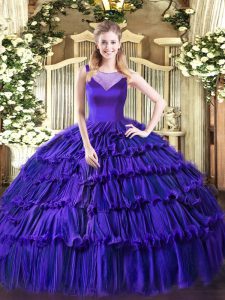 Purple Side Zipper 15th Birthday Dress Beading and Ruffled Layers Sleeveless Floor Length
