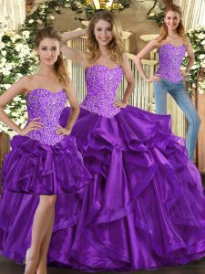 Traditional Eggplant Purple Vestidos de Quinceanera Military Ball and Sweet 16 and Quinceanera with Beading and Ruffles Sweetheart Sleeveless Lace Up