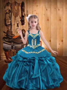 Embroidery and Ruffles Little Girl Pageant Dress Teal Lace Up Sleeveless Floor Length