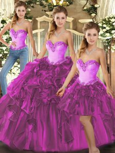 Perfect Floor Length Three Pieces Sleeveless Fuchsia Sweet 16 Dresses Lace Up