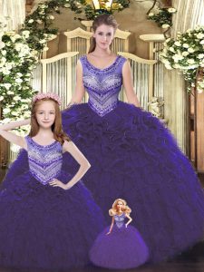 Perfect Tulle Scoop Sleeveless Lace Up Beading and Ruffles Quinceanera Dresses in Dark Purple