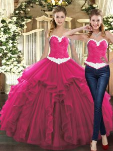 Floor Length Fuchsia Quinceanera Gown Sweetheart Sleeveless Lace Up