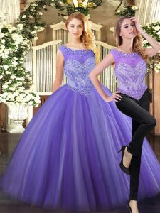 Lavender Tulle Zipper Sweet 16 Dress Sleeveless Floor Length Beading