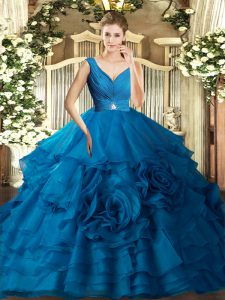 Customized Blue Ball Gowns V-neck Sleeveless Organza Floor Length Backless Beading and Ruffles Quinceanera Gown