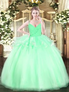 Elegant Spaghetti Straps Sleeveless 15th Birthday Dress Floor Length Ruffles Apple Green Organza