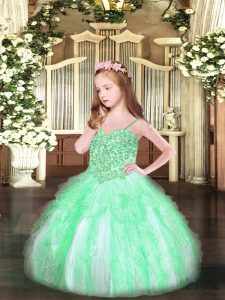Appliques and Ruffles Child Pageant Dress Apple Green Lace Up Sleeveless Floor Length