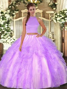 Halter Top Sleeveless Vestidos de Quinceanera Floor Length Beading and Ruffles Lavender Organza