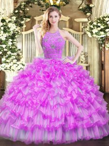 Beauteous Lilac Ball Gowns Halter Top Sleeveless Tulle Floor Length Zipper Beading and Ruffled Layers Quinceanera Gown