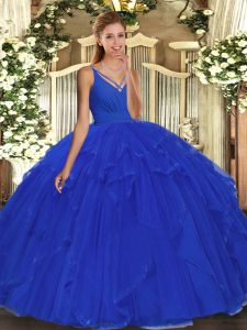 Pretty V-neck Sleeveless Backless Ball Gown Prom Dress Blue Organza