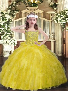 Straps Sleeveless Pageant Dress Floor Length Beading and Ruffles Yellow Green Organza