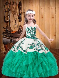 Customized Ball Gowns Kids Pageant Dress Turquoise Straps Organza Sleeveless Floor Length Lace Up