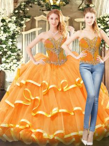 Comfortable Organza Sweetheart Sleeveless Lace Up Beading and Ruffled Layers Ball Gown Prom Dress in Orange Red