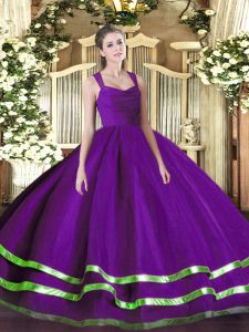 Fashionable Purple Quinceanera Gown Military Ball and Sweet 16 and Quinceanera with Ruffled Layers and Ruching Straps Sleeveless Zipper