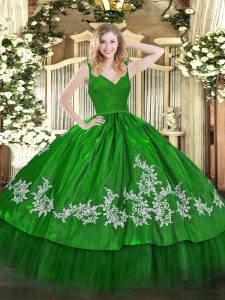 Perfect Green Ball Gowns Beading and Lace and Appliques Ball Gown Prom Dress Backless Taffeta Sleeveless Floor Length