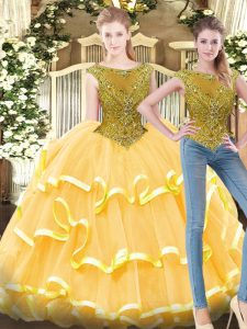 Gold Zipper Bateau Beading and Ruffled Layers Quinceanera Dress Tulle Sleeveless