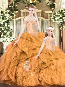 Orange Red Lace Up Off The Shoulder Beading and Ruffles Quinceanera Gowns Organza Sleeveless