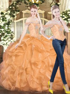 Orange Red Organza Lace Up Sweet 16 Quinceanera Dress Sleeveless Floor Length Beading and Ruffles