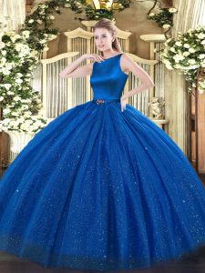 Glorious Tulle Scoop Sleeveless Clasp Handle Belt Ball Gown Prom Dress in Blue