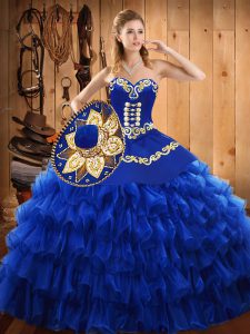 Superior Tulle Sweetheart Sleeveless Lace Up Embroidery and Ruffled Layers Sweet 16 Dress in Blue