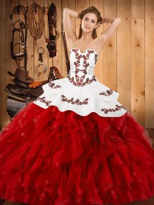 Unique Floor Length Lace Up Quinceanera Gowns Wine Red for Military Ball and Sweet 16 and Quinceanera with Embroidery and Ruffles