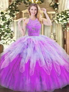 Multi-color Zipper Halter Top Beading and Ruffles Quinceanera Dress Tulle Sleeveless