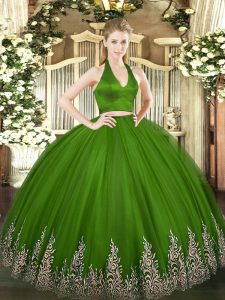 Elegant Halter Top Sleeveless Zipper 15th Birthday Dress Green Tulle
