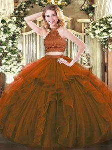 Custom Designed Brown Halter Top Neckline Beading and Ruffles Quince Ball Gowns Sleeveless Backless