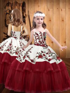 Wine Red Organza Lace Up Straps Sleeveless Floor Length Kids Pageant Dress Embroidery