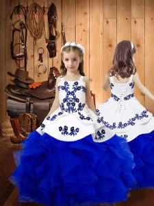 Customized Royal Blue Ball Gowns Straps Sleeveless Organza Floor Length Lace Up Embroidery and Ruffles Evening Gowns