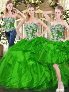 Designer Green Three Pieces Sweetheart Sleeveless Organza Floor Length Lace Up Ruffles Sweet 16 Dress